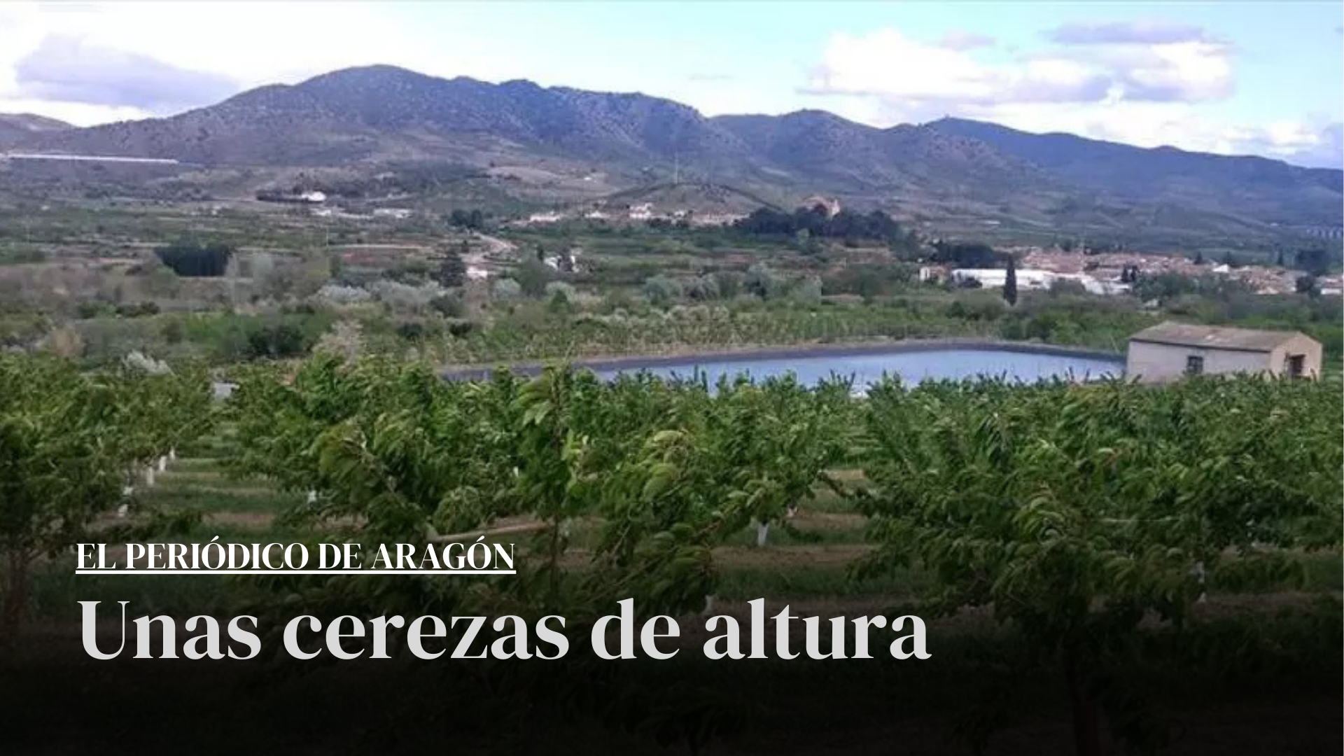 Una panoramica de unos campos de cereza con una balsa en Sabiñan